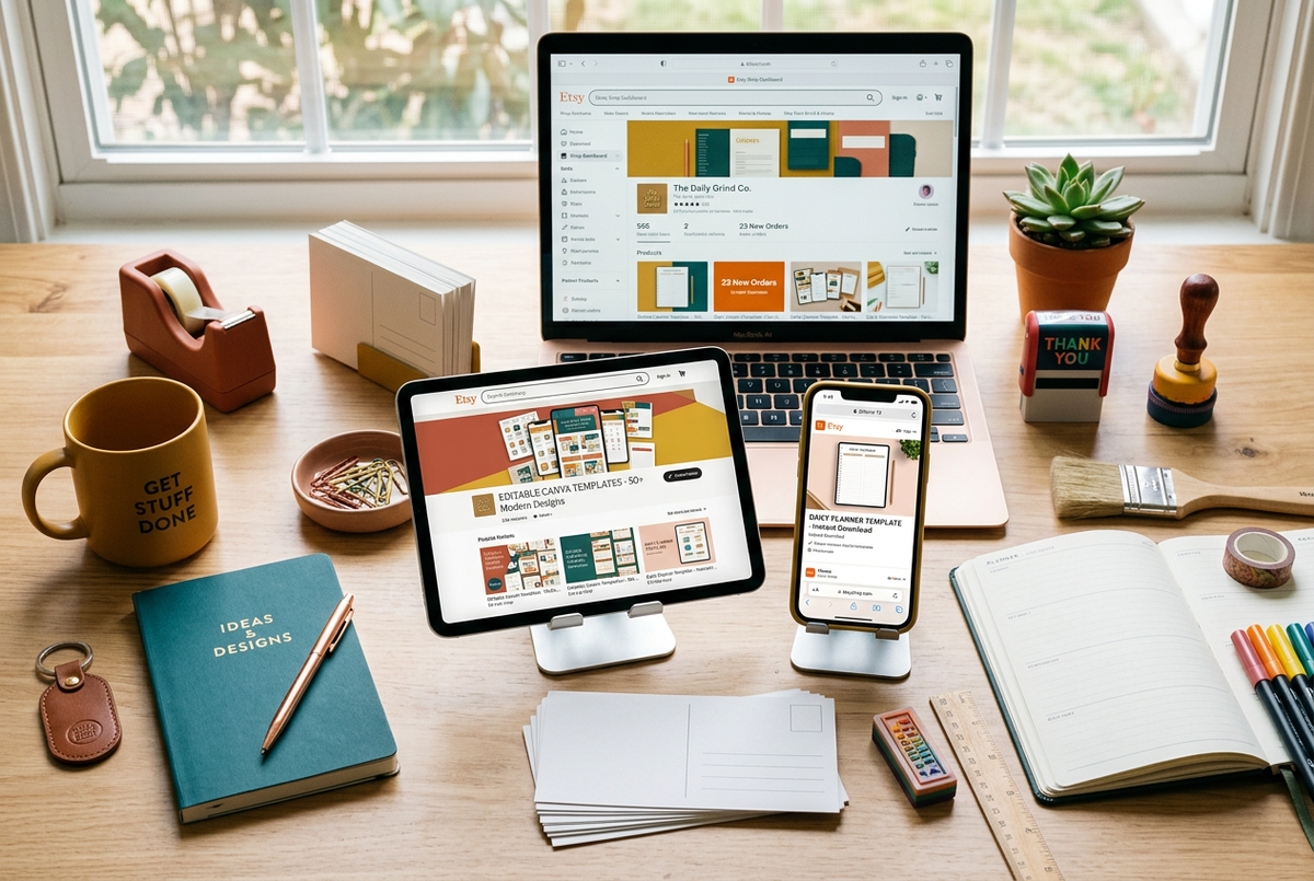 Etsy digital product selling guide cover showing step-by-step checklist for beginners