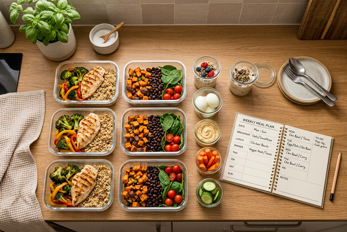 ADHD meal planning workbook for college students with visual grocery lists and simple recipes