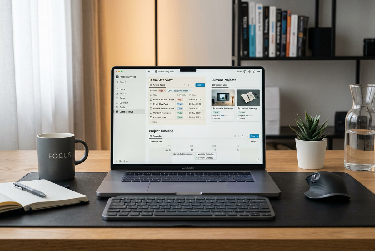 Notion ADHD workspace setup with simple dashboard, tasks database, and weekly review page